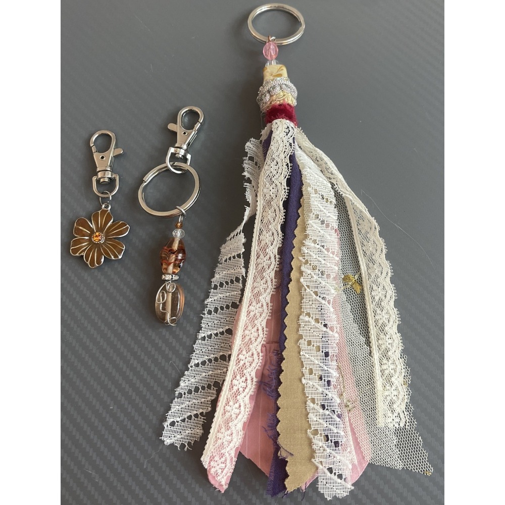 Lot of 3 Purse Fob Keychains Boho Glass Flower Artisan Festival